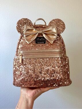 Loungefly Rose Gold Sequin Mini Backpack with Metallic Bow and Ears